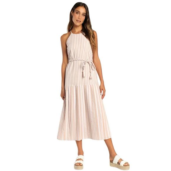 Lulus Dresses & Skirts - Lulus Women’s Beach Town Bound Striped Pleated Midi Dress Ivory/Tan Size Medium